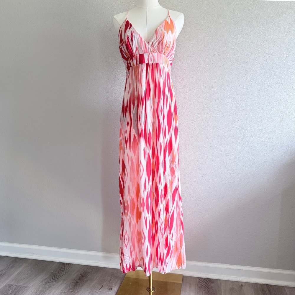 Athleta Faded Ikat Maxi‎ Sun Dress Red Orange Geometric Print Sz XS Summer Beach